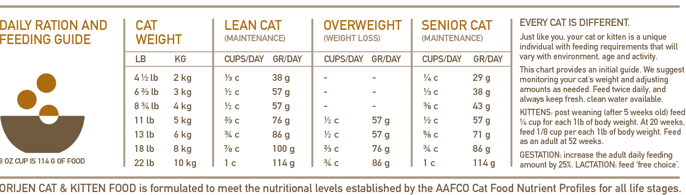 ORIJEN Cat & Kitten Biologically Appropriate Cat Food Feeding Chart